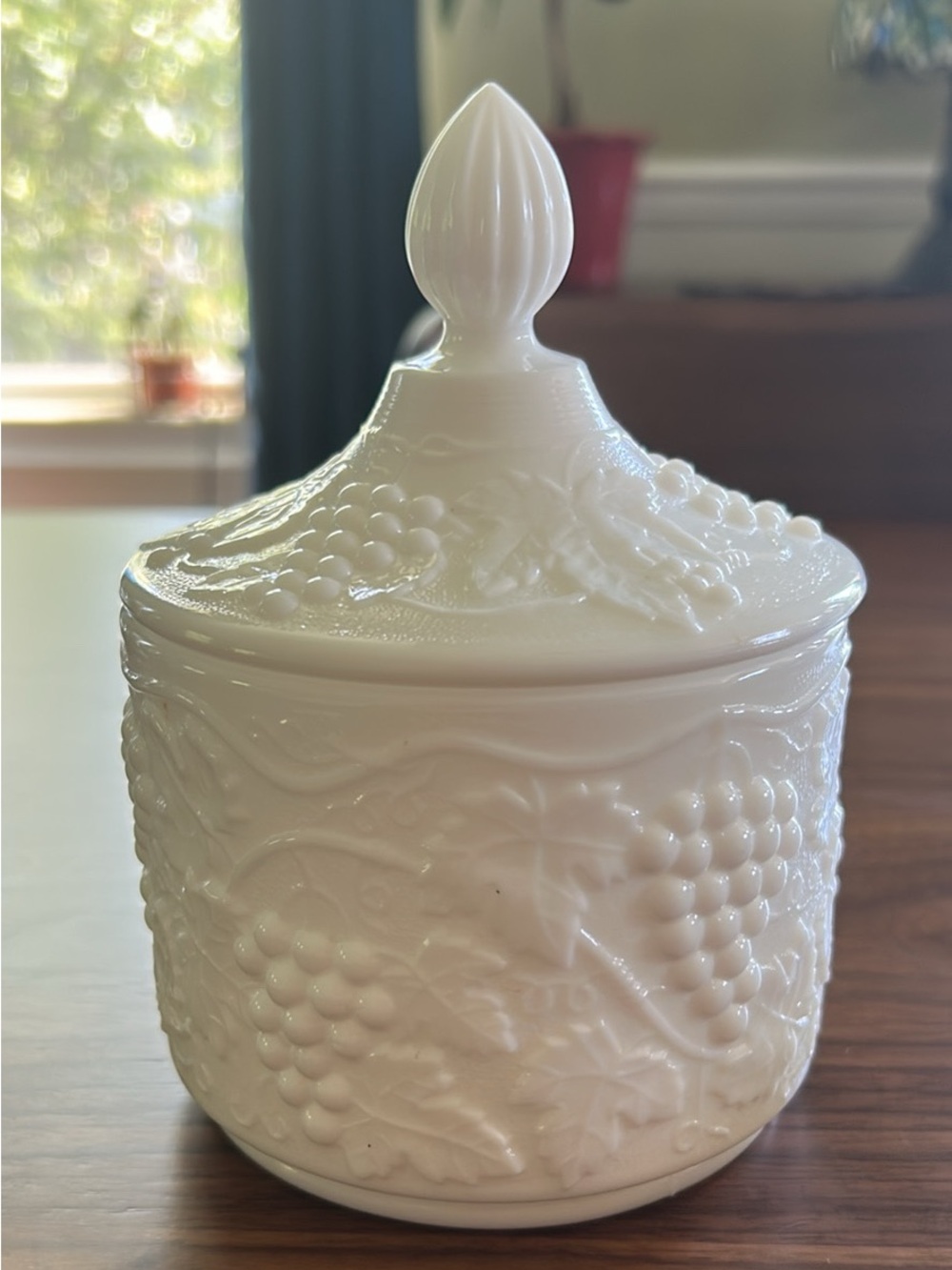 Vintage Imperial Glass White Milk Glass Covered Candy Dish with Grape Motif